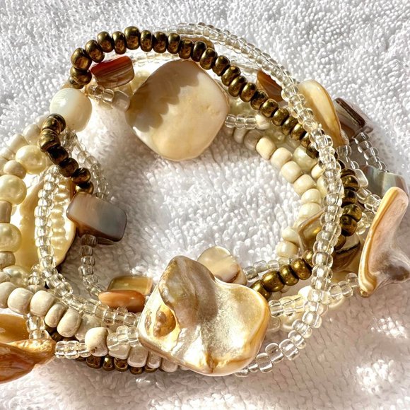 White and Brown Seashell Stretch Multi Layer Bracelet - Picture 3 of 8